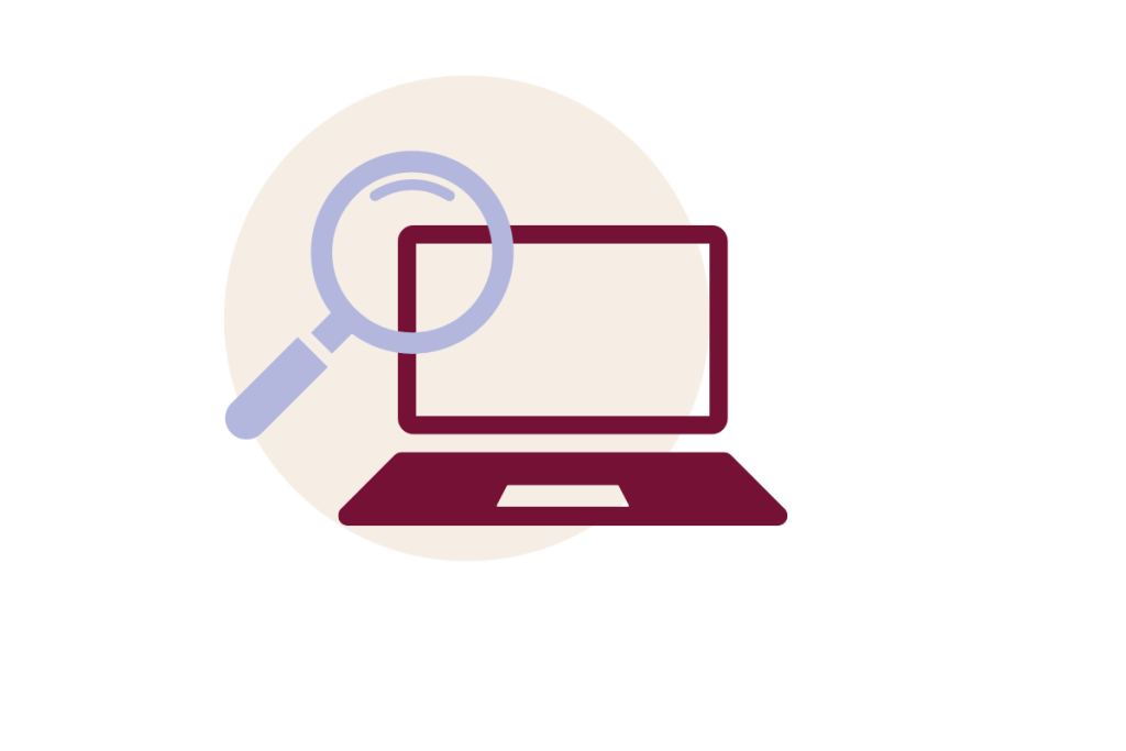 Ein Icon von einem Laptop und einer Lupe.