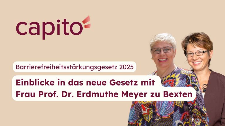 Foto von Frau Prof. Dr. Erdmuthe Meyer zu Bexten (links) und Walburga Fröhlich (rechts). Text: Barrierefreiheitsstärkungsgesetz 2025: Einblicke in das neue Gesetz mit Frau Prof. Dr. Erdmuthe Meyer zu Bexten