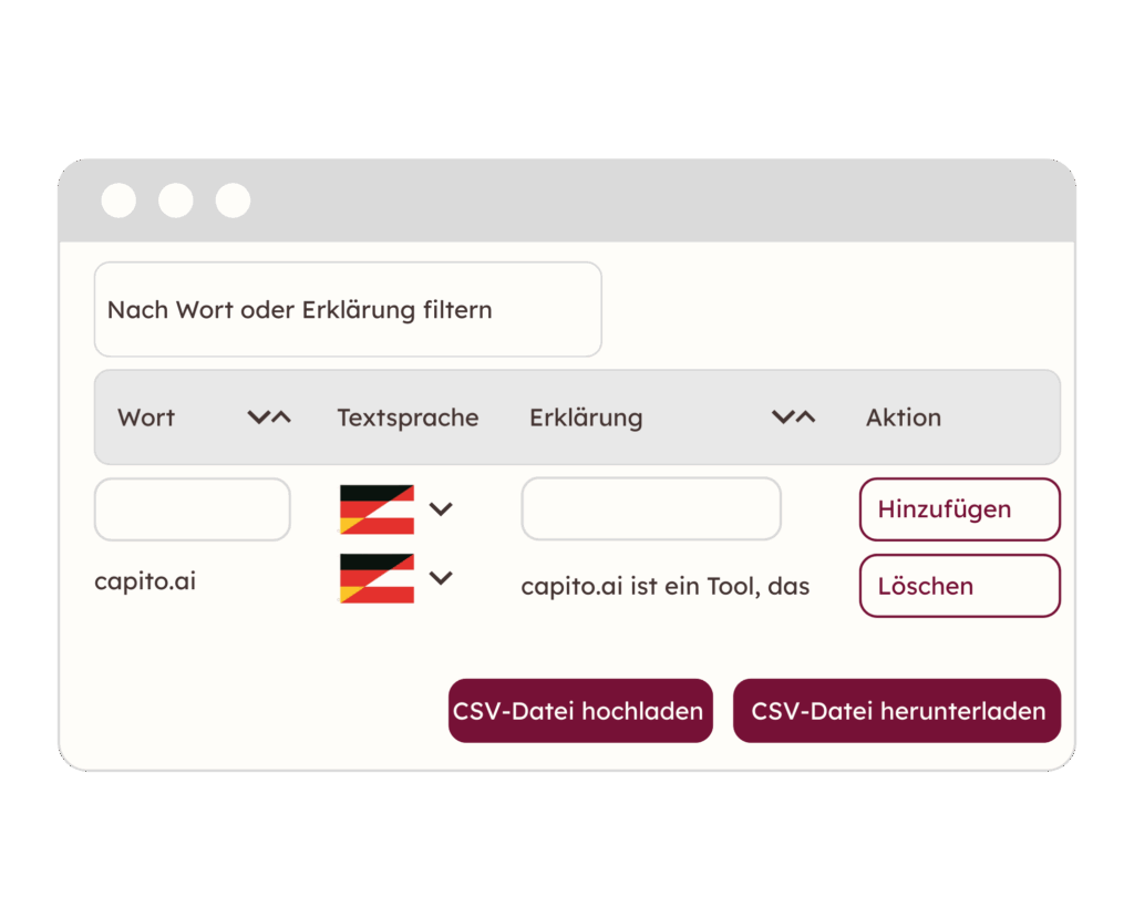 capito.ai Wörterbuch Eine Grafik von der Anpassung "Wörterbuch" vom KI-Tool capito.ai