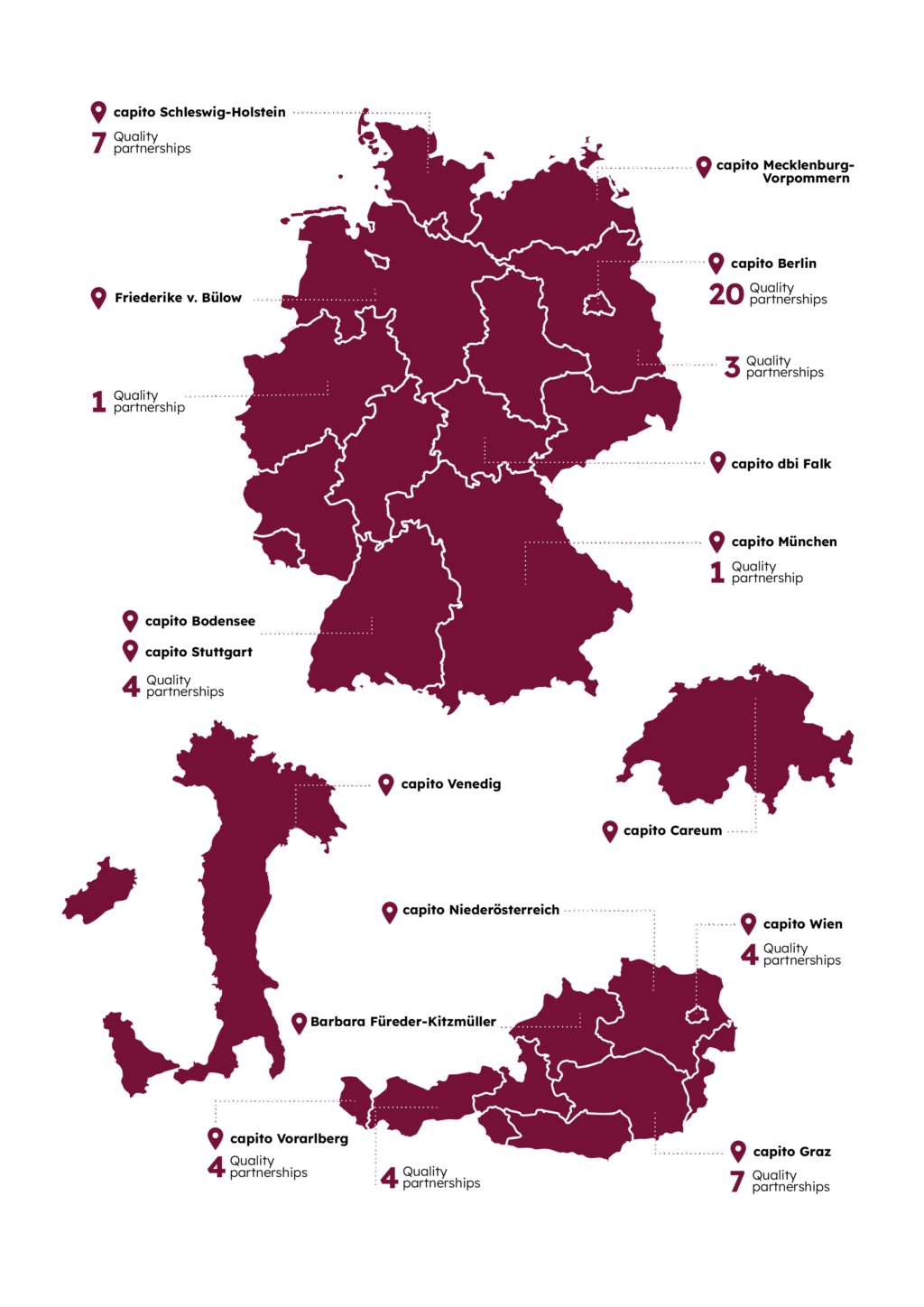 A map of Austria, Germany, Italy and Switzerland that highlights all capito locations.