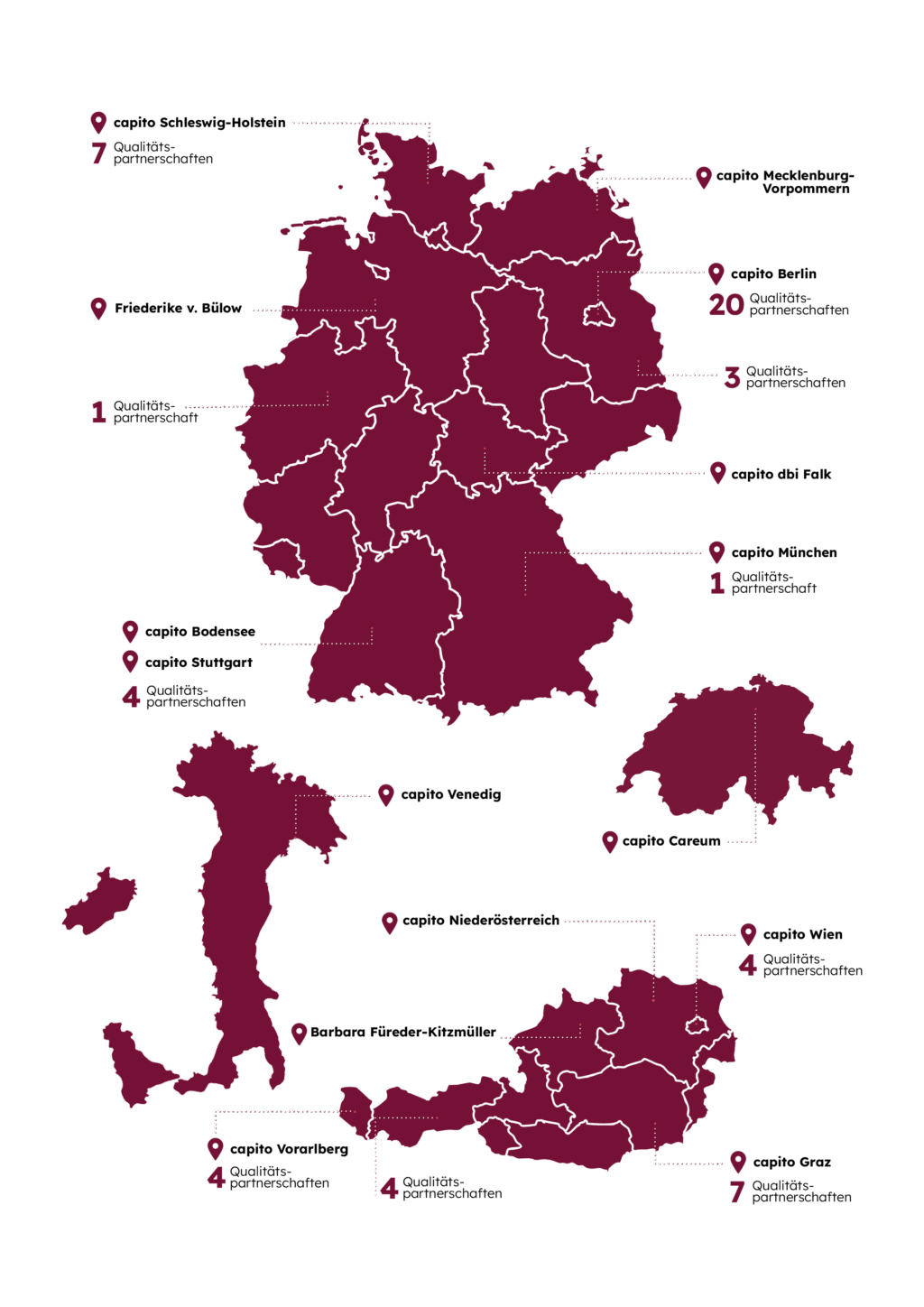 Unsere Standorte - capito cEine Karte von Deutschland, Ăsterreich, Italien und der Schweiz auf der die verschiedenen capito Standorte eingezeichnet sind.