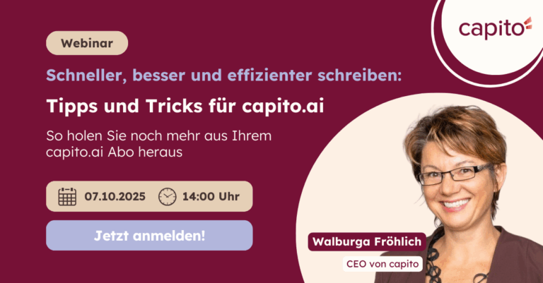 Ein Foto von der Einladung zum Webinar "Tipps und Tricks für capito.ai!"
