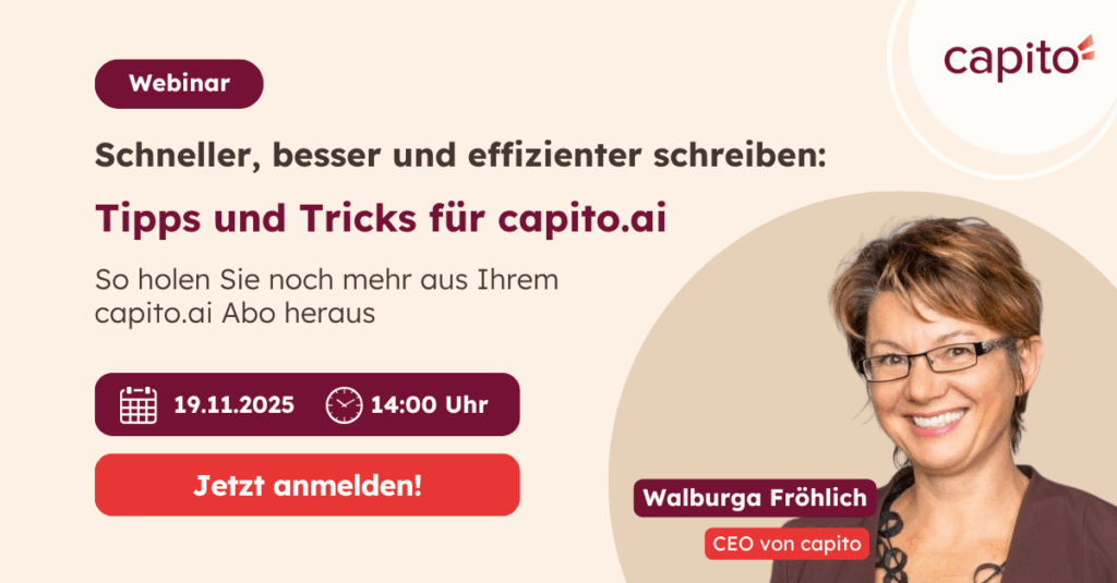 Ein Foto von der Einladung zum Webinar "Tipps und Tricks für capito.ai!"