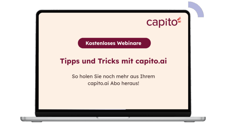 Ein MockUp von einem Laptop. Darauf zu sehen "Kostenlose Webinar. Tipps und Tricks mit capito.ai. So holen Sie noch mehr aus Ihrem Abo heraus!"