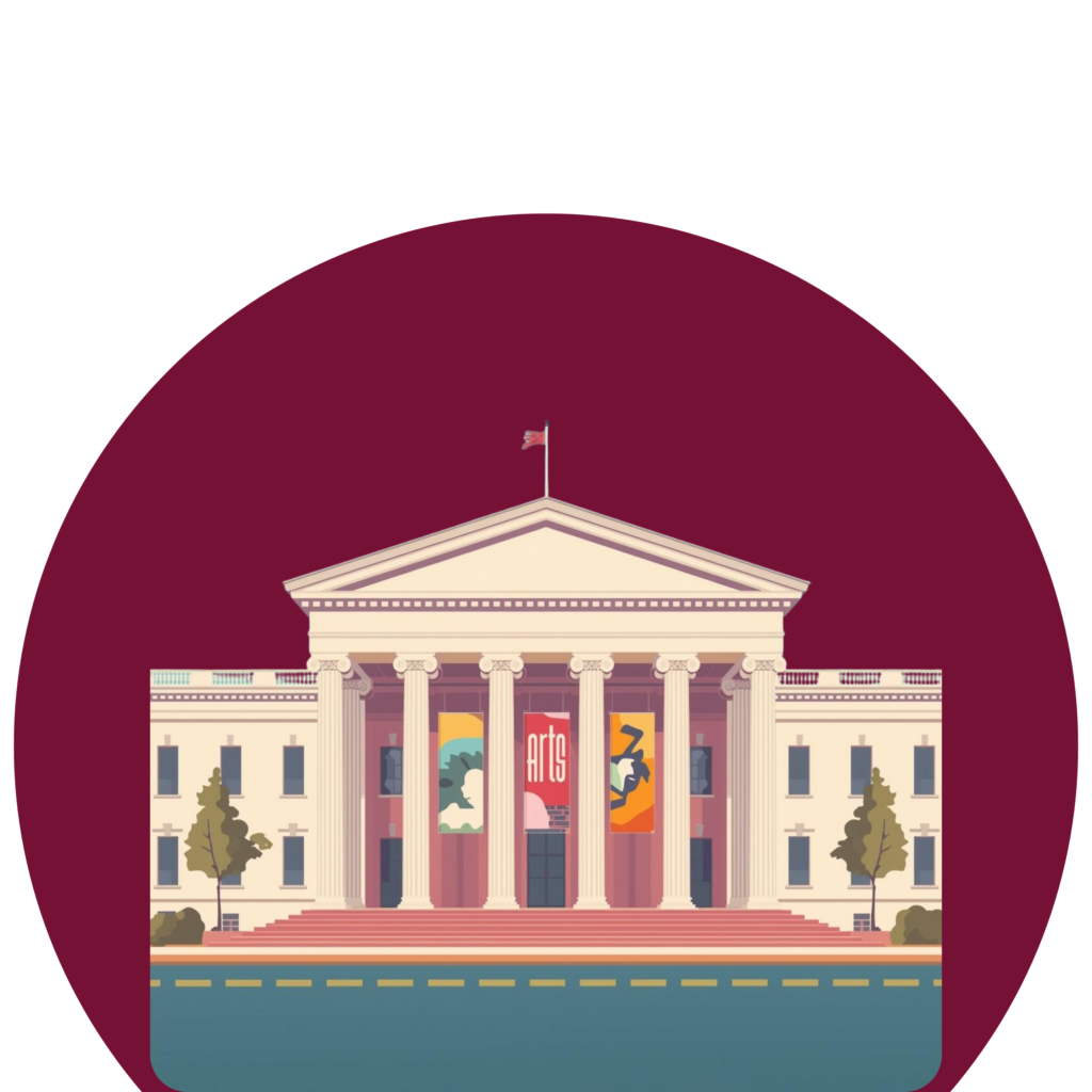 Eine Grafik von einem Museums-Gebäude. Darauf steht "Arts".