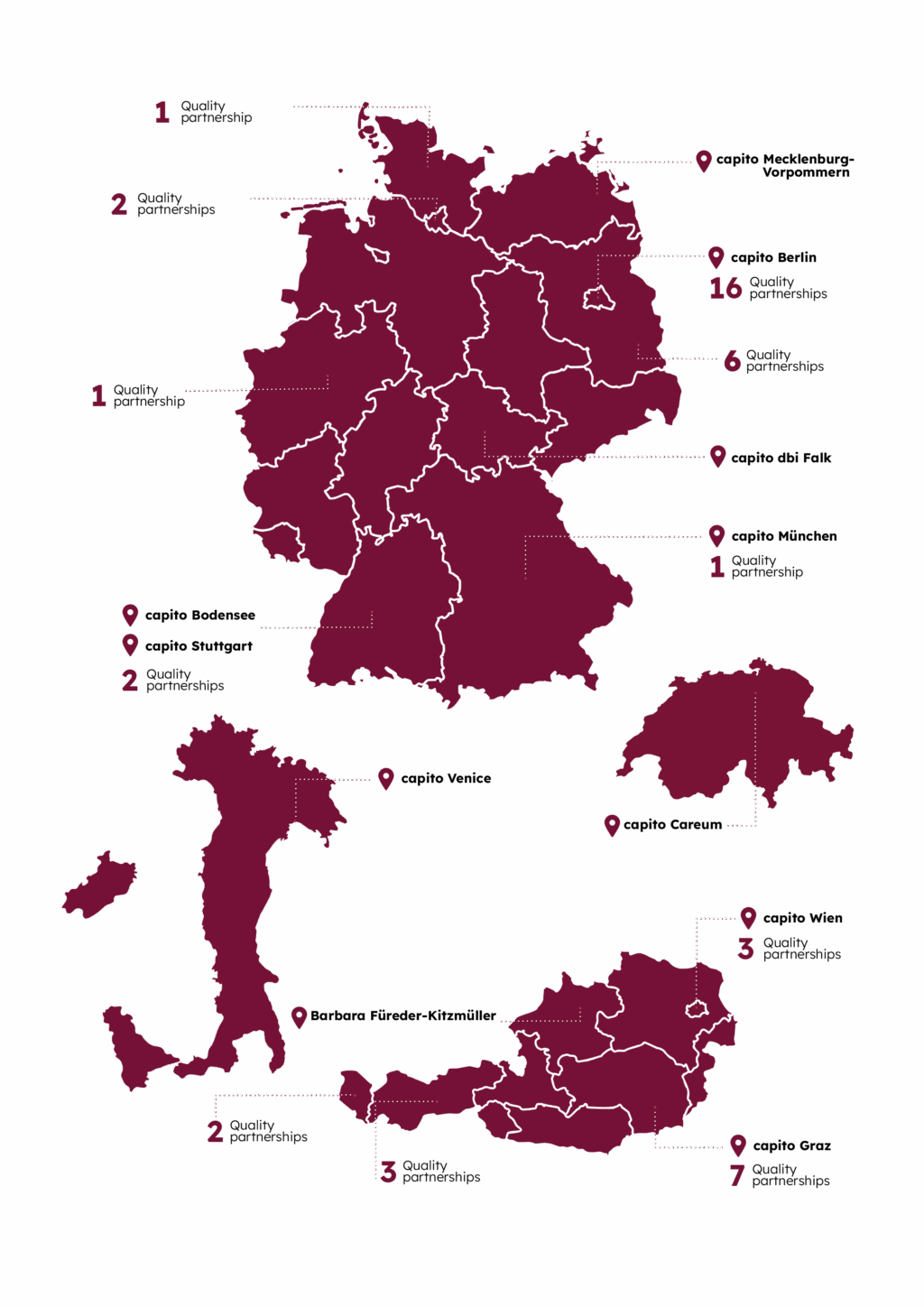 A map of Austria, Germany, Italy and Switzerland that highlights all locations and quality partnerships of capito.
