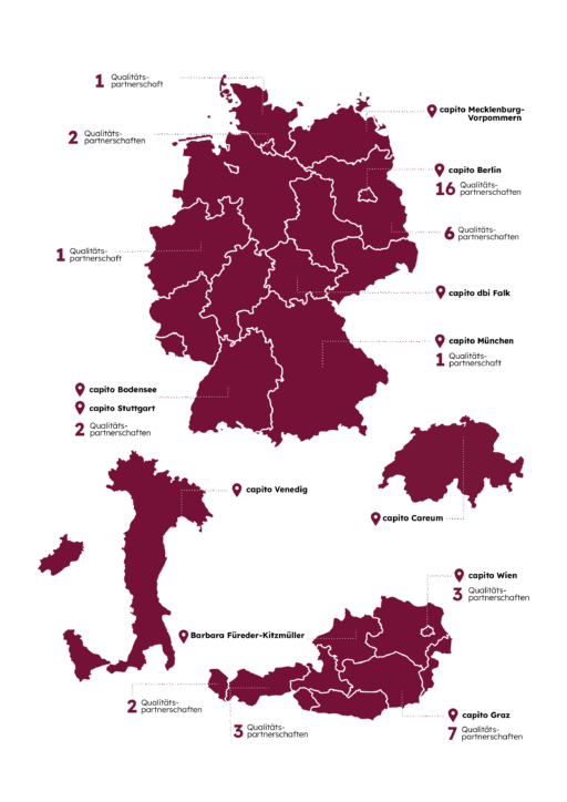 Eine Landkarte von Österreich, Deutschland, Italien und der Schweiz auf der alle 11 capito Standorte und Qualitätspartnerschaften eingezeichnet sind.