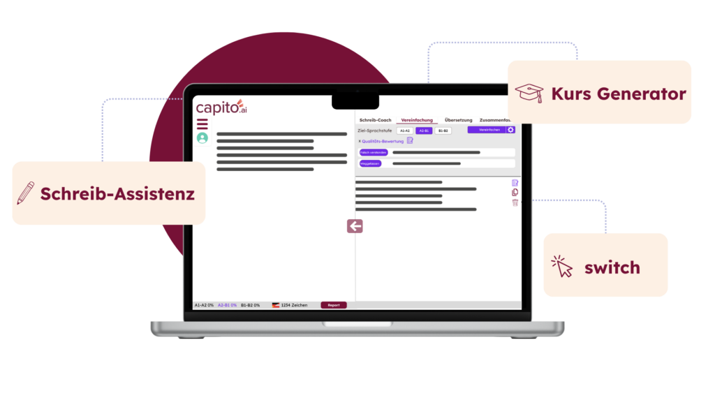 Ein Laptop zeigt die geöffnete capito.ai Schreib-Assistenz. Rund um den Laptop liegen drei Produkte: Schreib-Assistenz, Kurs-Generator und switch. Diese Produkte gehören zum Angebot von capito.ai.