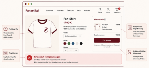 Illustration zum Barrierefreiheitsgesetz: Ein Online-Shop mit typischen Barrieren wie unverständlicher Sprache, komplizierten Formularen und einer fehlgeschlagenen Kaufabwicklung.