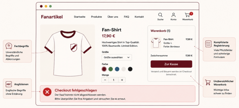 Illustration zum Barrierefreiheitsgesetz: Ein Online-Shop mit typischen Barrieren wie unverständlicher Sprache, komplizierten Formularen und einer fehlgeschlagenen Kaufabwicklung.