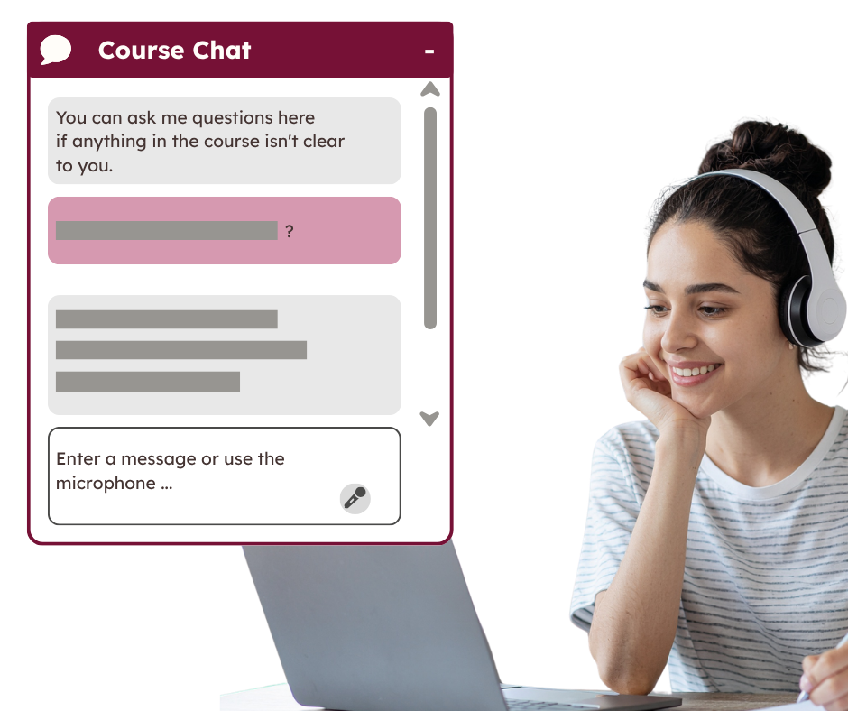 A woman sitting in front of her laptop. To the left of it, a chat window is open.