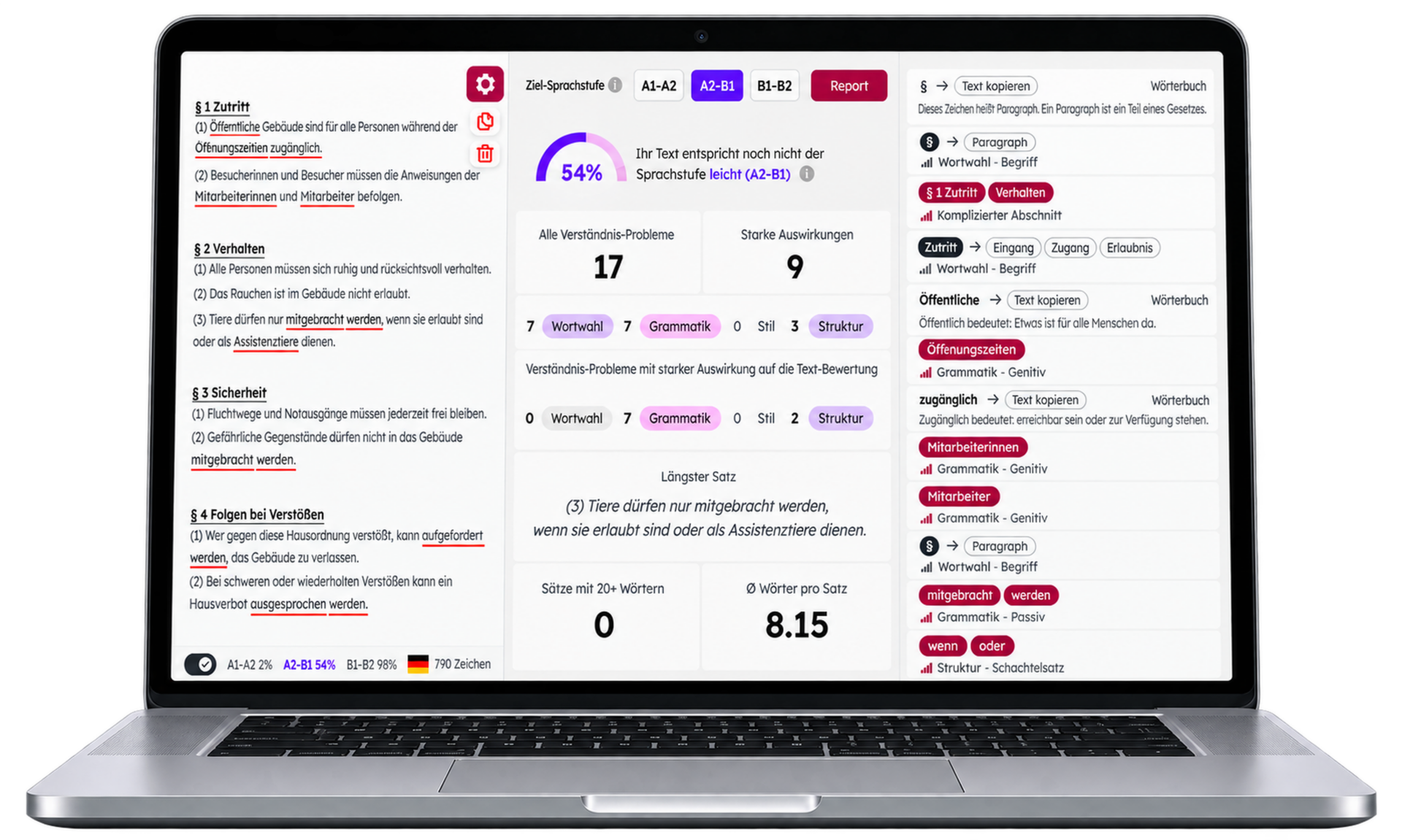 Laptop mit geöffneter capito-Plattform. Die Anwendung zeigt Werkzeuge zur Analyse, Bewertung und Optimierung von Texten, um Inhalte verständlicher und zugänglicher zu machen.