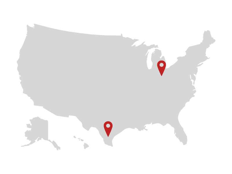 Bild von der Karte der USA mit zwei Markierungen für Texas und Ohio
