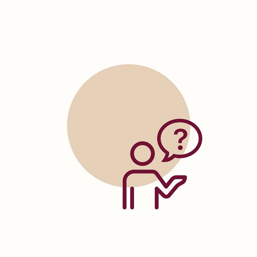 An icon of a figure with a speech bubble. There is a question mark in the speech bubble.