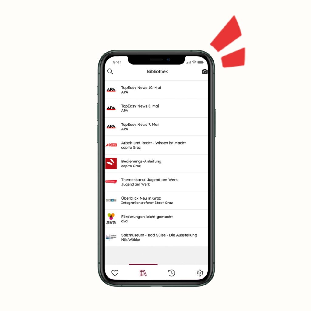 A photo of a smartphone. The library of the capito app is opened on the screen.