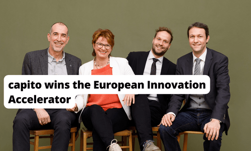 Picture of capito team Klaus Candussi, Walburga Fröhlich, Paul Mayer and Ernst Stelzmann with text: "Capito wins the European Innovation Accelerator"