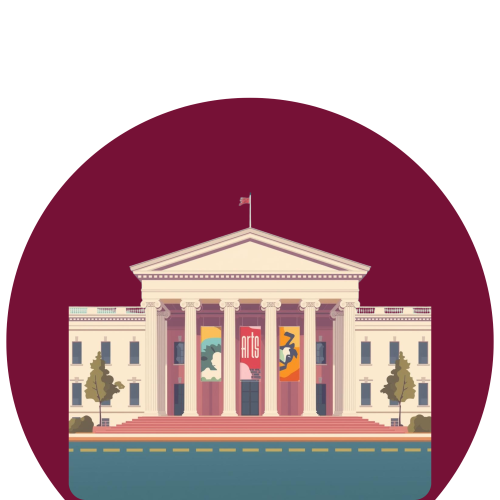 Eine Grafik von einem Museums-Gebäude. Darauf steht "Arts".